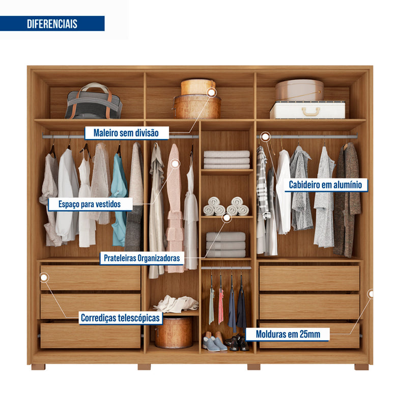 Guarda Roupa Casal Apollo Lux com Espelhos 6 Portas 6 Gavetas Caemmun