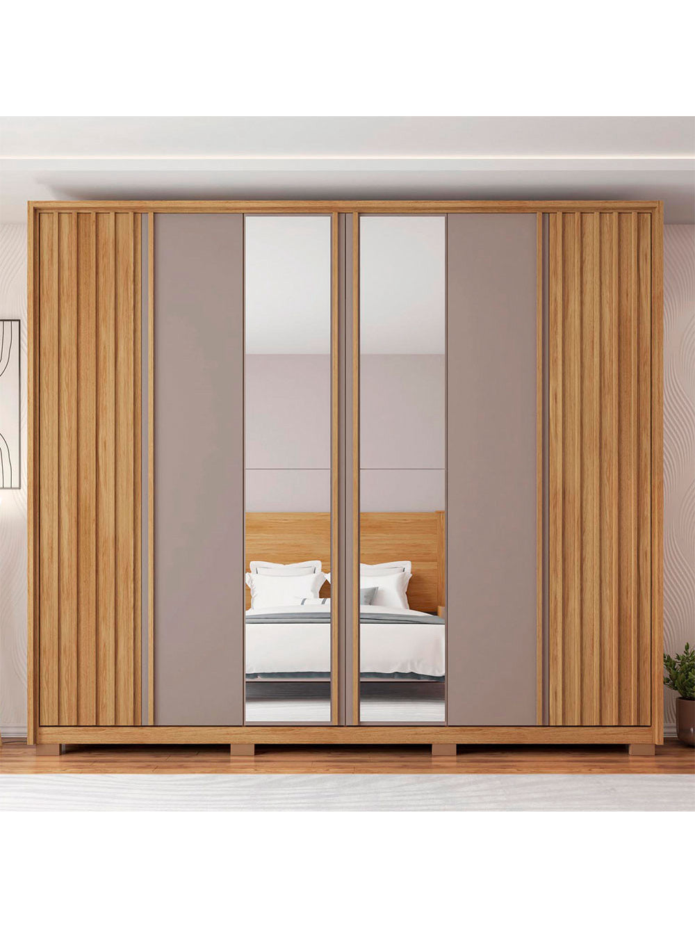 Guarda Roupa Casal Apollo Lux com Espelhos 6 Portas 4 Gavetas Caemmun - Freijó com Off White