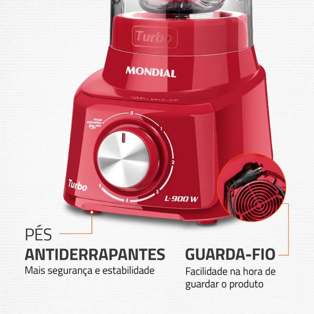 Liquidificador Mondial Turbo L-900 FR Copo Com Filtro 05 Velocidades 900W - VERM