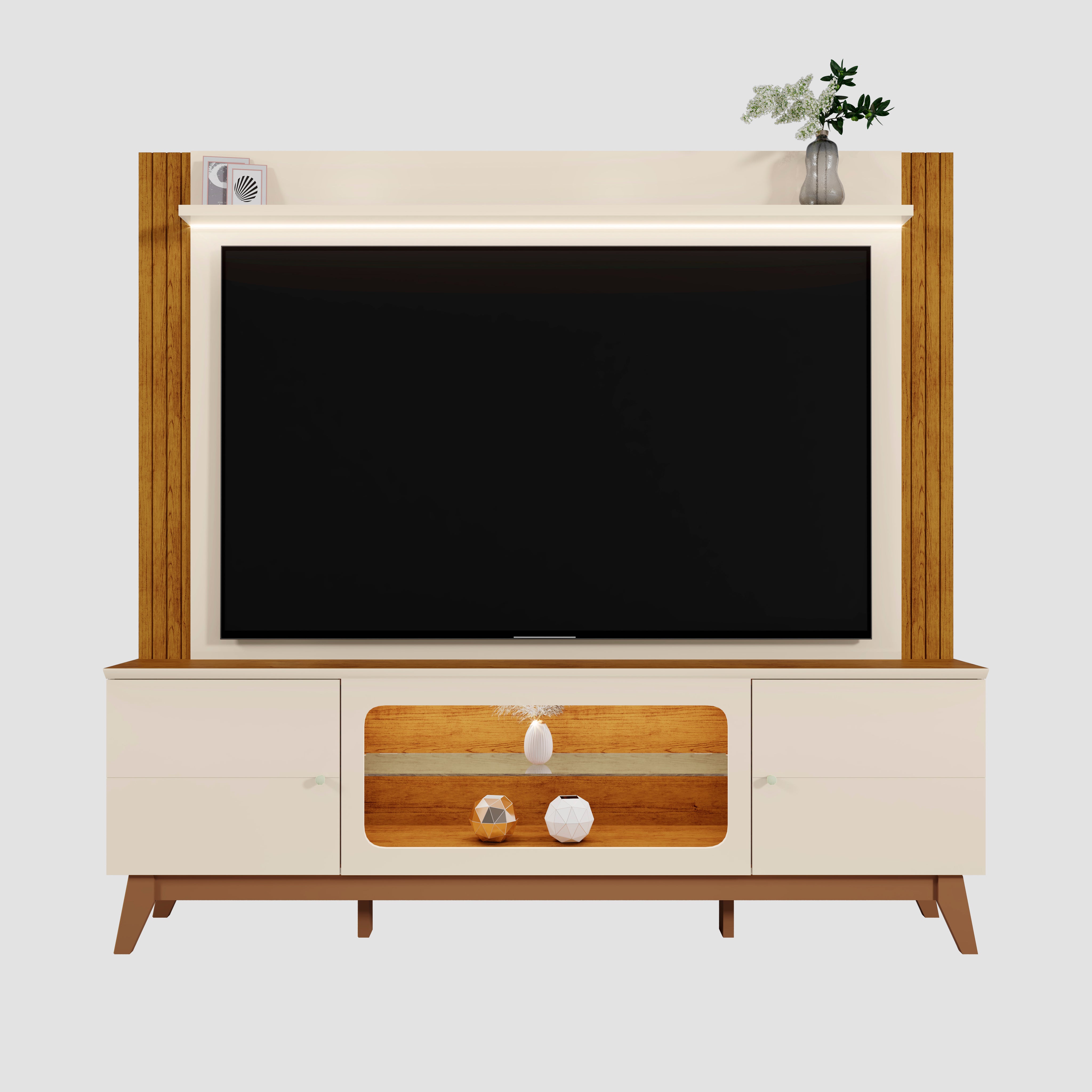 Home Para Tv até 70"  Maceió 2 Portas com Led  Mobler - OFF WHITE/CANELA