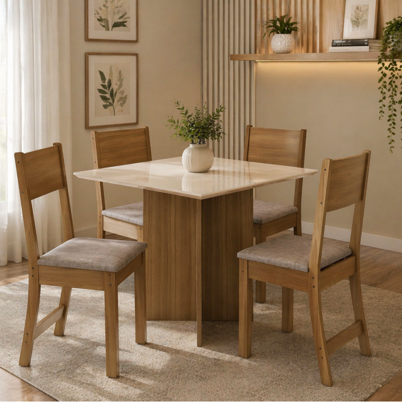 Conjunto de Mesa Helo Poliman com 4 Cadeiras Karlas - CARVALHO/OFFWHITE