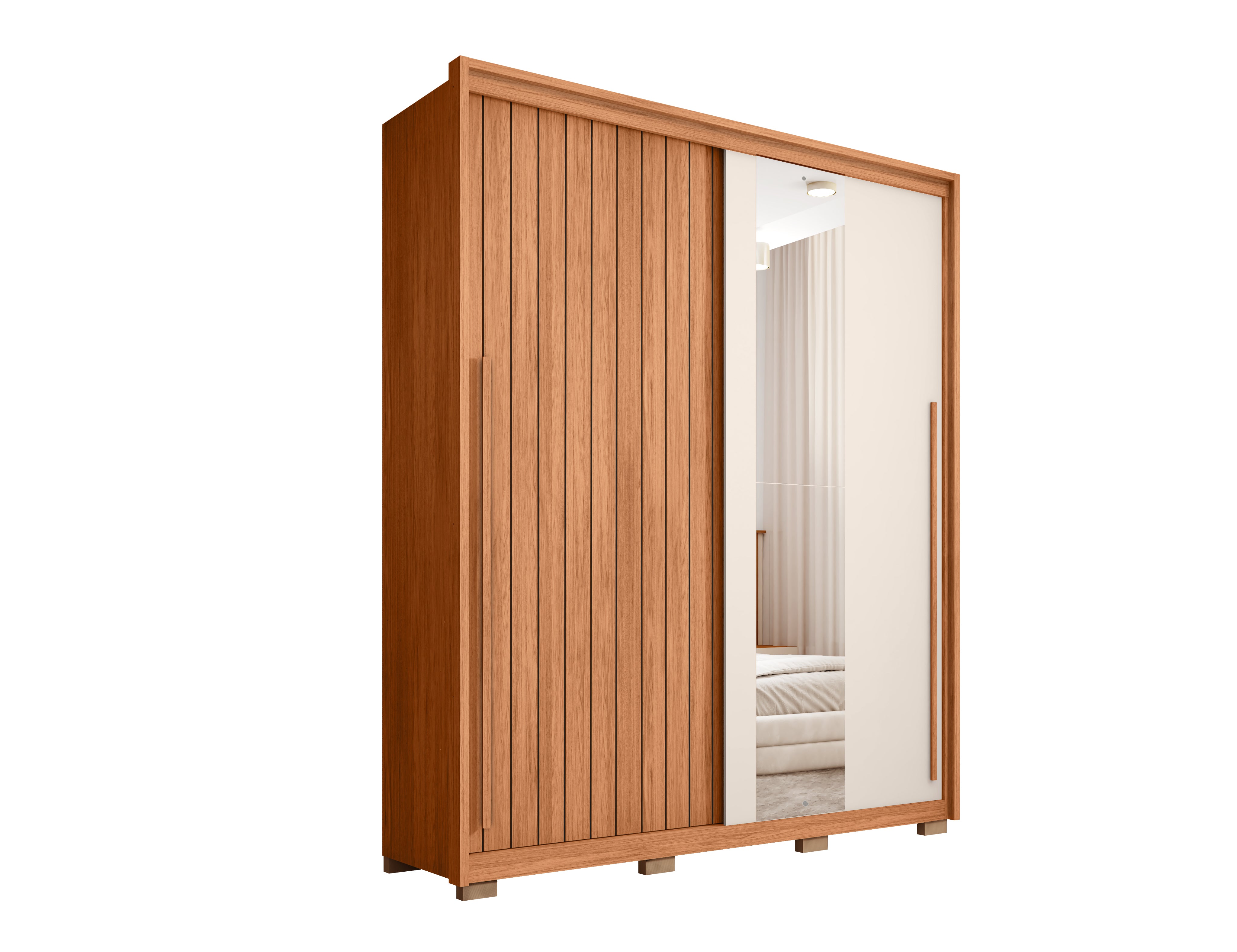 Guarda Roupa Solteiro 2 Portas de Correr com Espelho e 3 Gavetas 1.8 Moviment Caemmun - FREIJO/ OFF WHITE