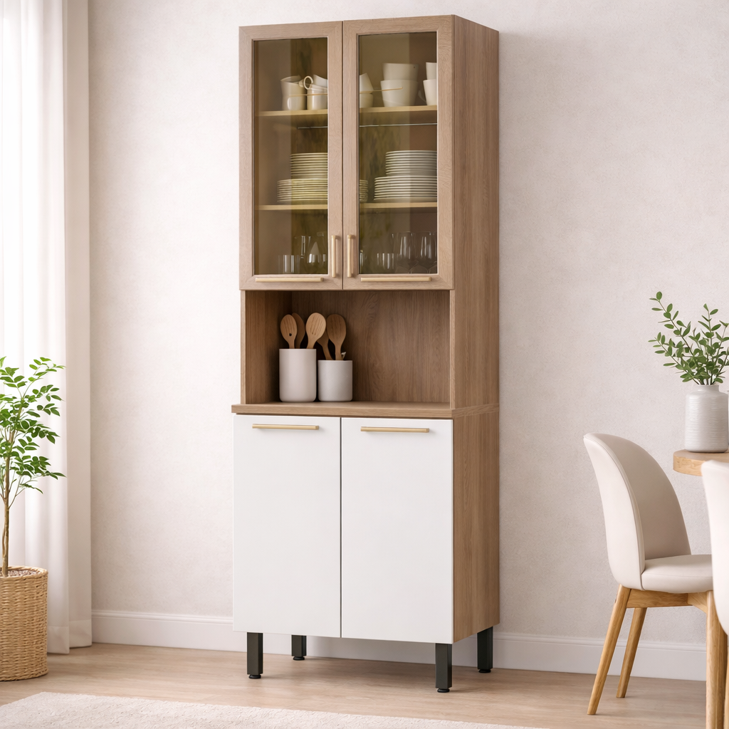 Paneleiro Avelã com 2 Portas de Vidro e 2 Portas Telasul - MEL/BRANCO