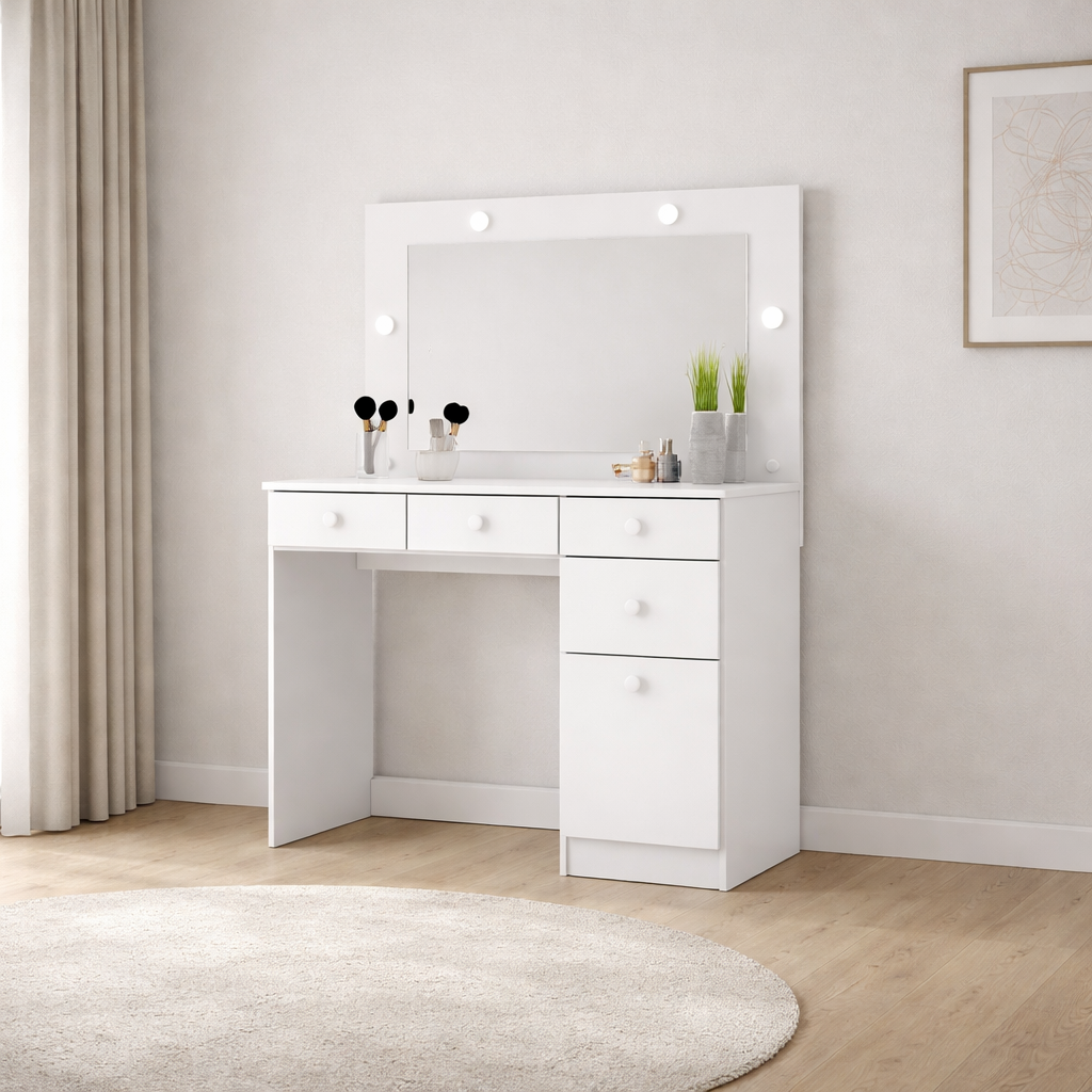 Penteadeira com Espelho e LED 3 Gavetas 1 Porta Condessa Fiorello - BRANCO BRILHO