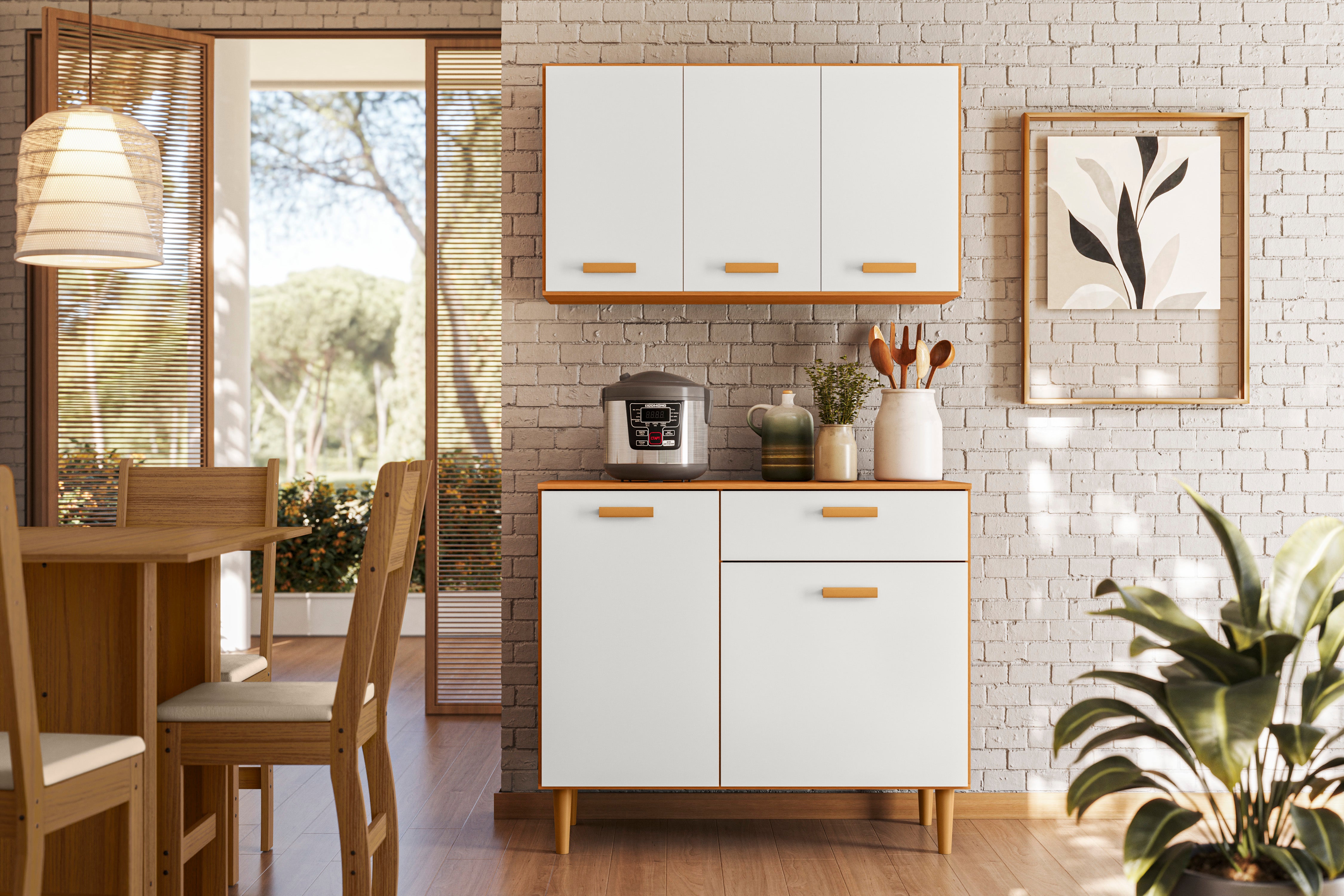 Kit 2 Unidades Cozinha Compacta Balcão e Armário Aéreo Ester Poliman Móveis - CARVALHO