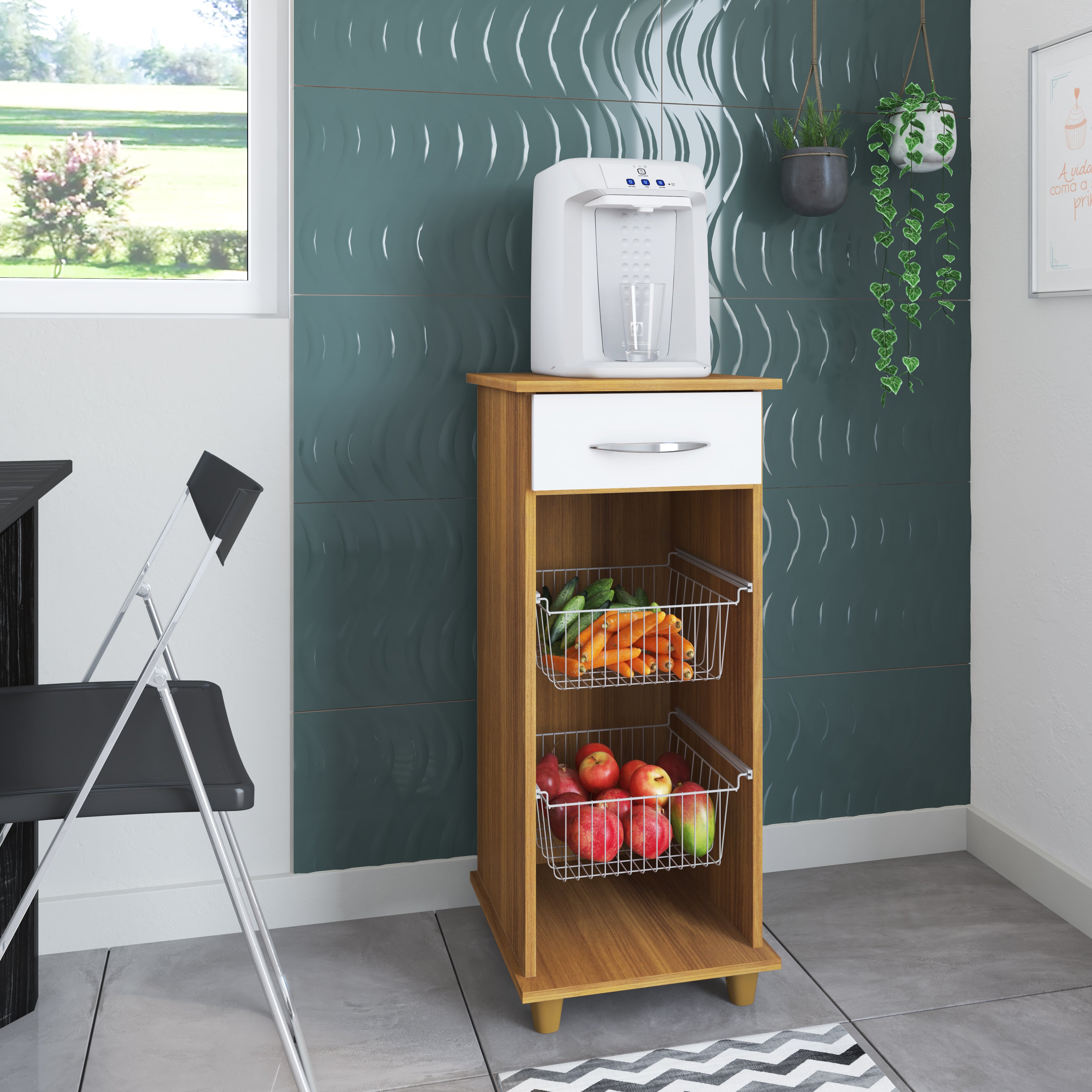 Kit com 2 Fruteiras com Cestos e 1 Gaveta Régia Fiorello - FREIJO/BRANCO