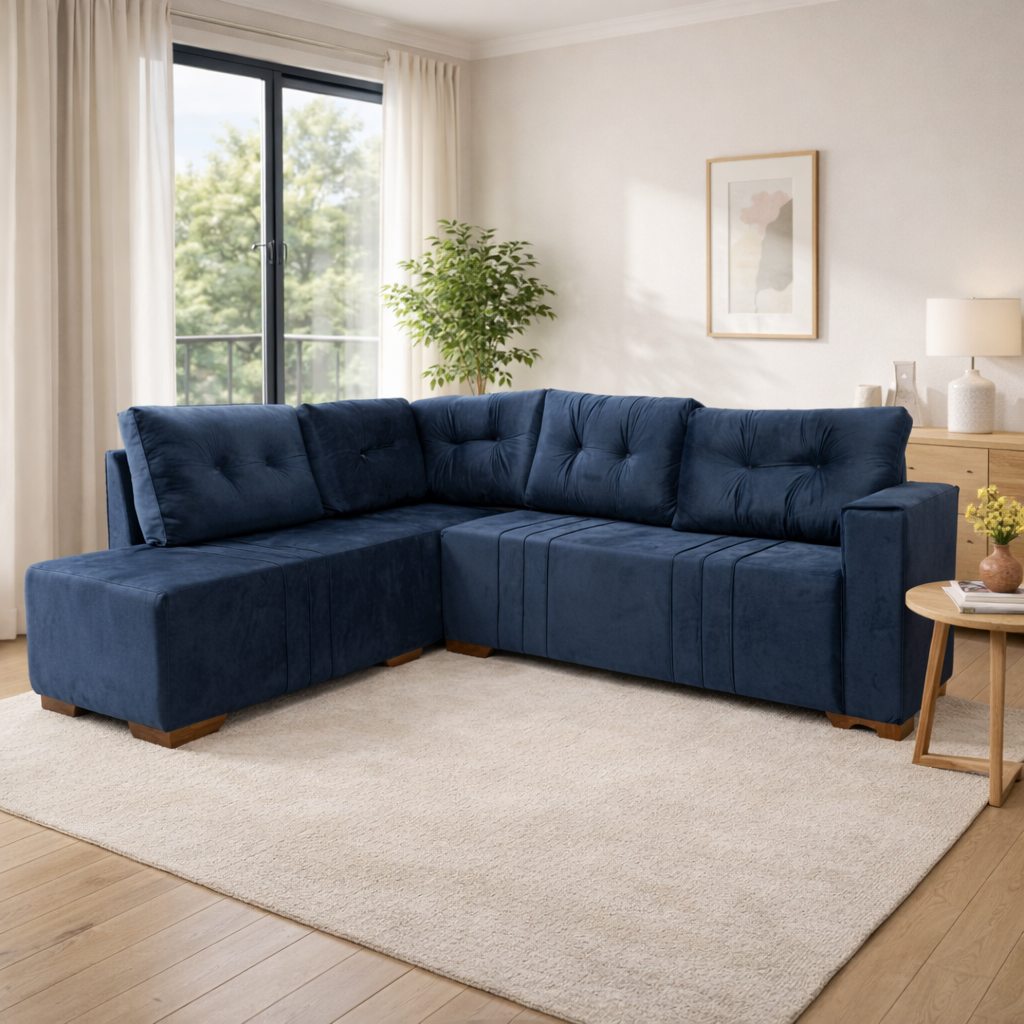Sofá de Canto 5 Lugares Divano Bacetto - VELUDO AZUL