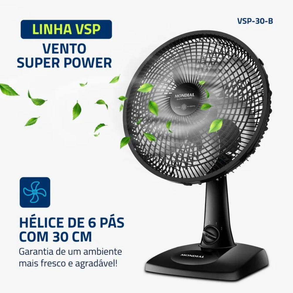 Ventilador de Mesa Mondial VSP-30-B 30cm 6 Pás - PRETO