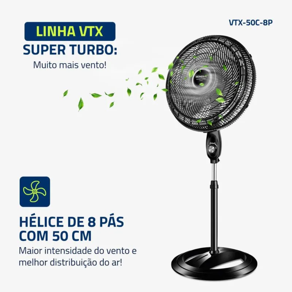 Ventilador de Coluna Mondial VTX-50C 50cm 8 Pás - PRETO