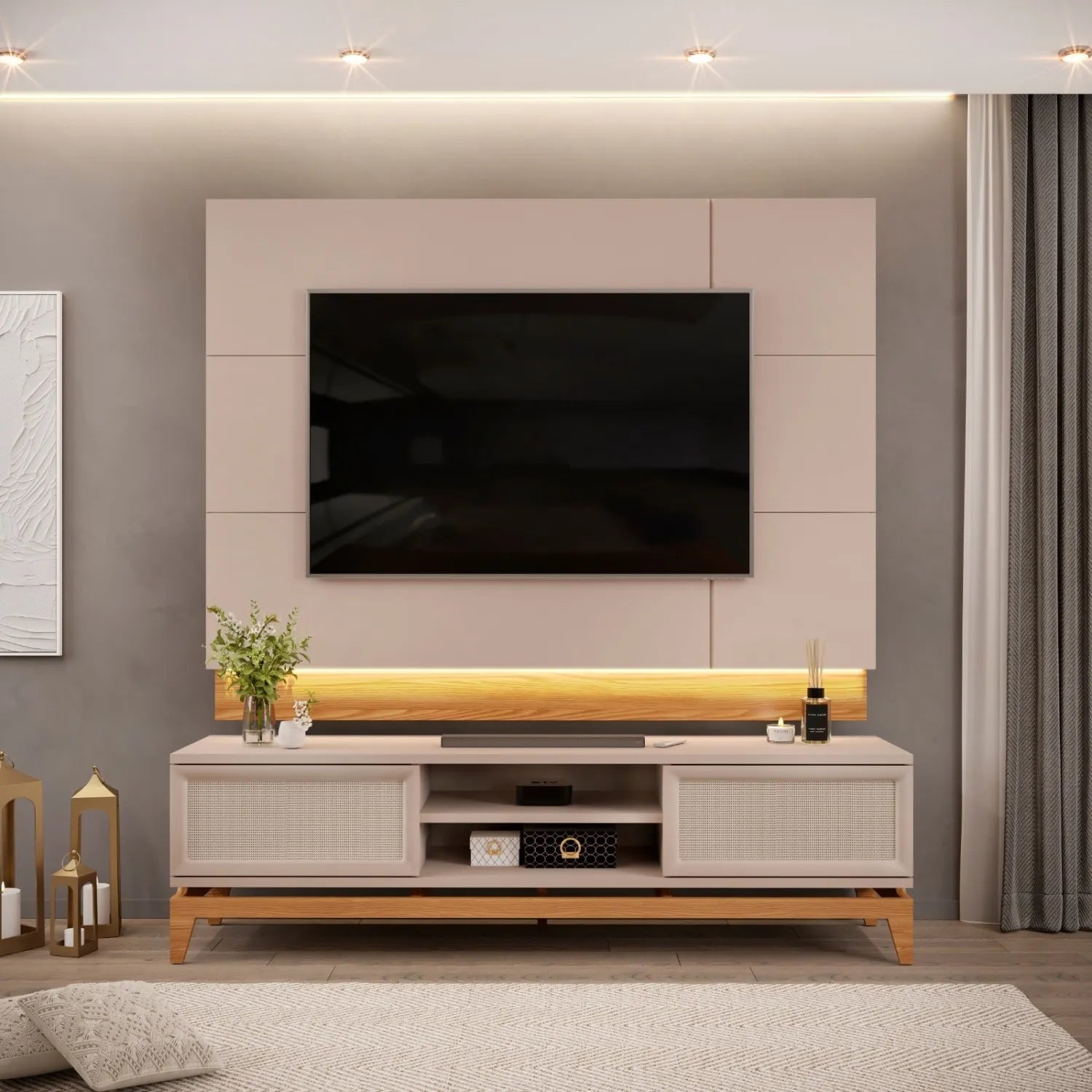 Bancada Cairo com Painel Antares para TV até 65"  DJ Móveis - GRIZ / CARVALHO NOBRE