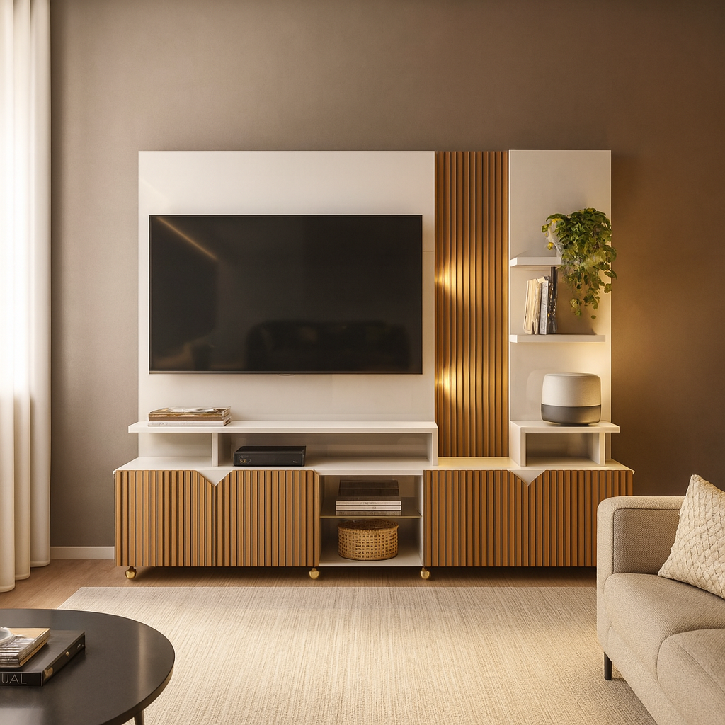 Home para Tv até 55 Polegadas Impressão Ripada Cross  Lukaliam Móveis - OFF WHITE/TAUARI RIPADO