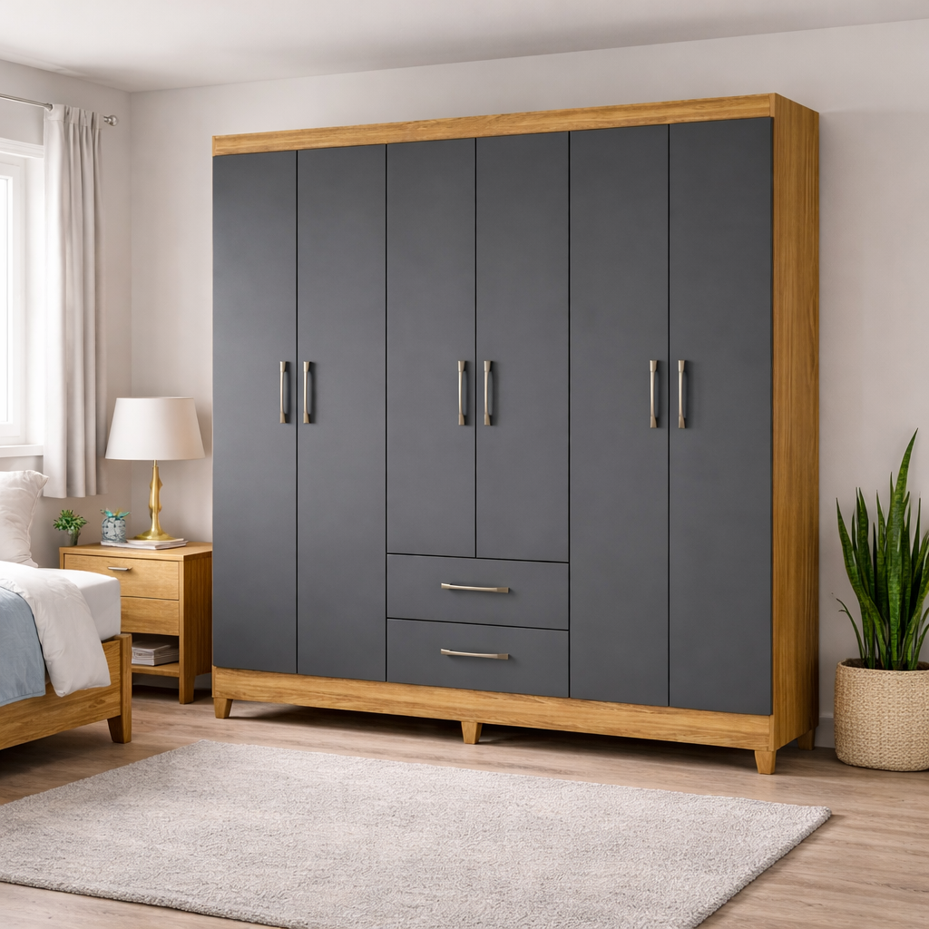 Guarda-Roupa Solteiro 6 Portas 2 Gavetas Panamá Moval - FREIJO/CINZA