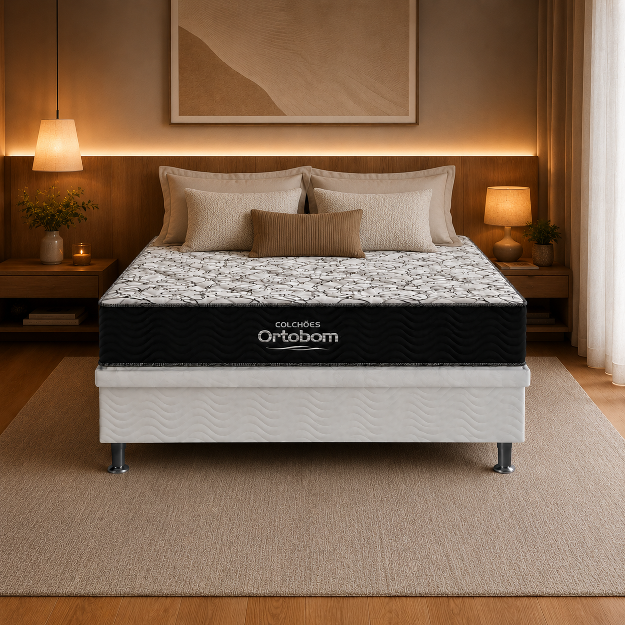 Cama Box Casal Airteh D45 (Colchão + Base) 138x188cm  Ortobom - BRANCO/PRETO