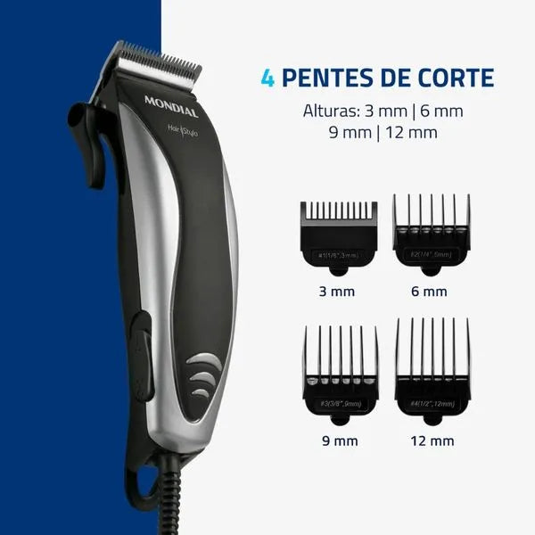 Máquina de Cortar Cabelo  CR-02 4 Pentes Mondial - PRETO/PRATA