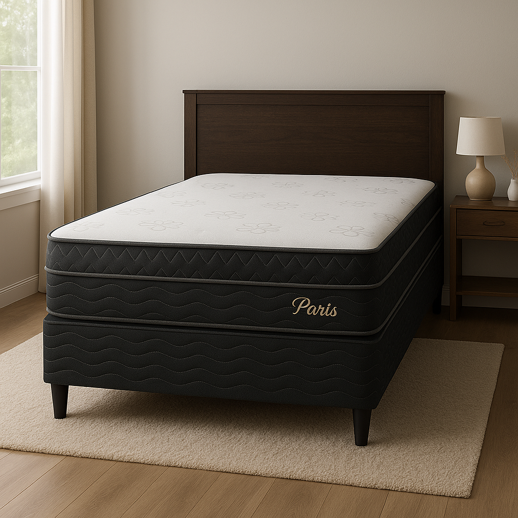 Cama Box Casal Paris (Colchão + Base) 138x188 Molas Ensacadas Topázio - PRETO