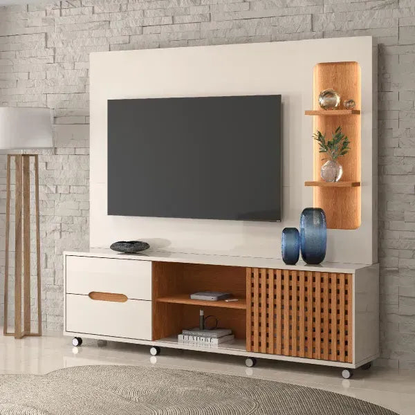Home para TV até 70 Polegadas 1 Porta Correr 2 Gavetas Rodízio Brise Lukaliam - OFF WHITE/JEQUITIBA