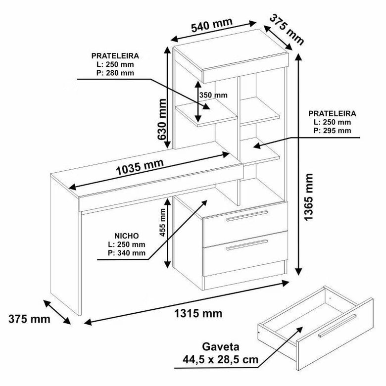 Escrivaninha 2 Gavetas 6 Nichos NT2010 Notável Móveis