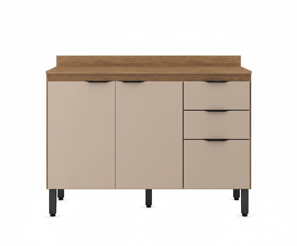 Balcão de Cozinha 3 Portas 2 Gavetas 120cm Com Tampo Firenze Demóbile - AMENDOA/NUDE